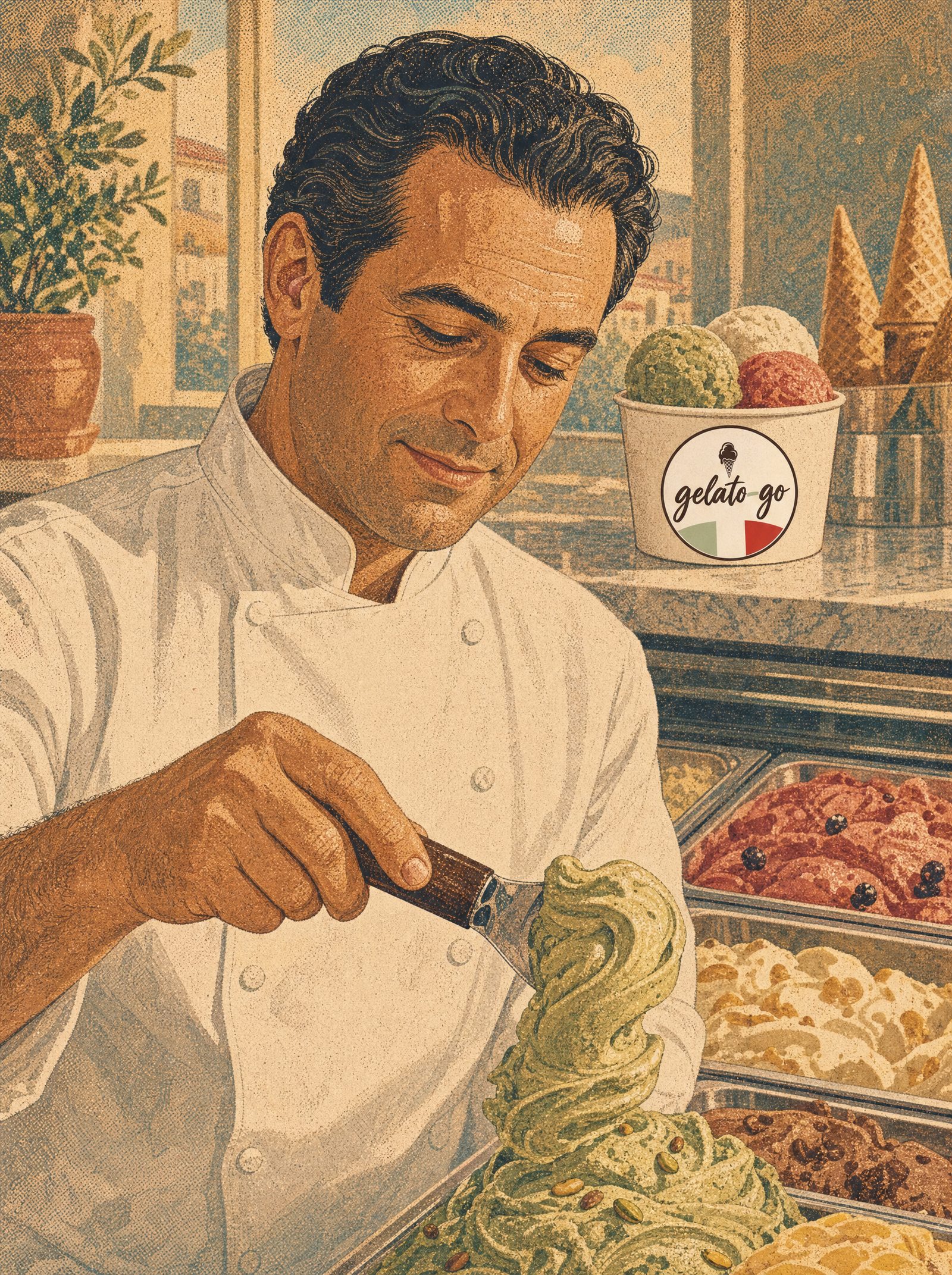 A Gelato-Go artisan finishing a batch of pistachio gelato