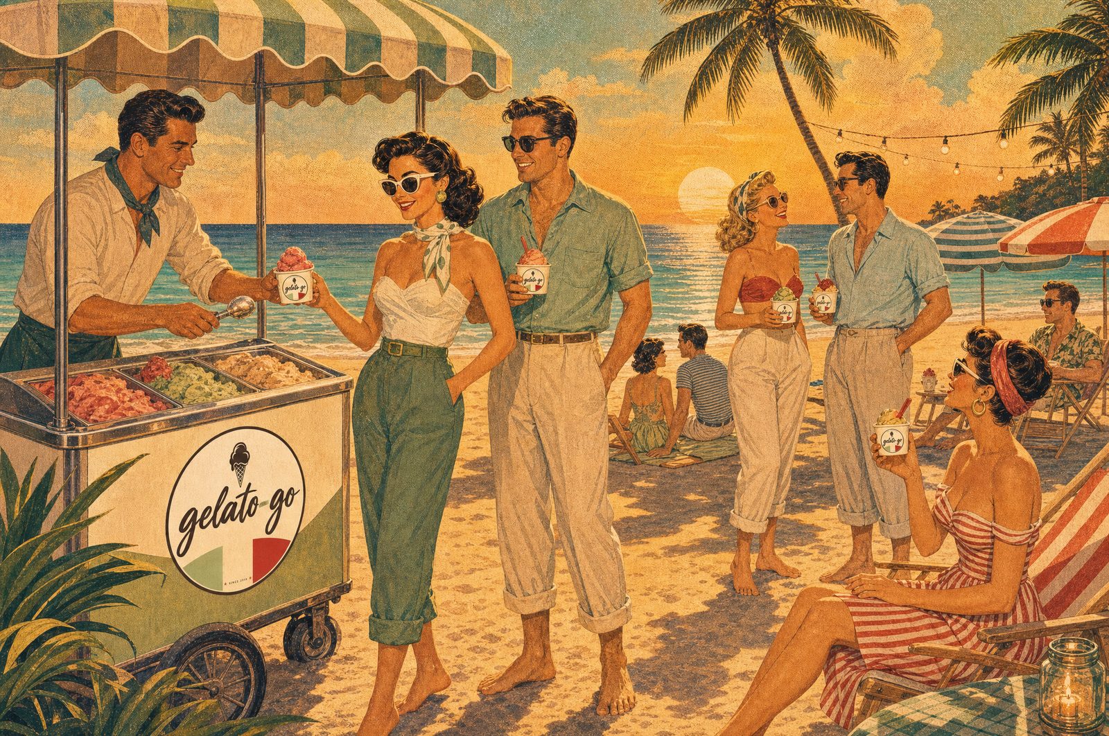 Gelato cart at a beach party at sunset